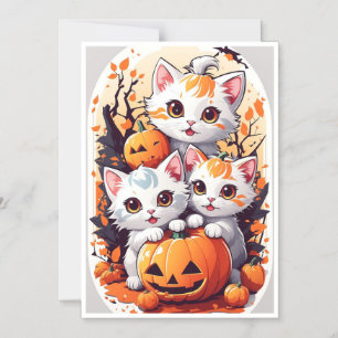 Cute Halloween Kittens with Pumpkin Card - 3 Cats