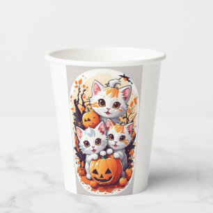 Cute Halloween Kittens with Pumpkin Card - 3 Cats Paper Cups
