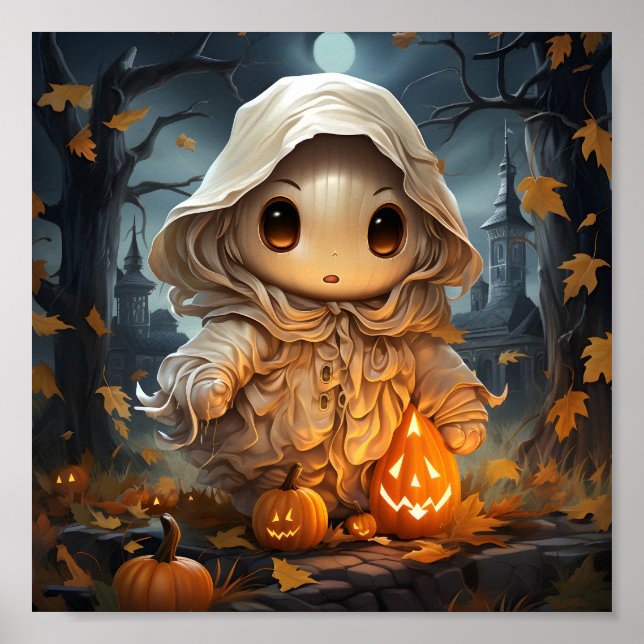 Cute Halloween Little Ghost With Orange Pumpkins Poster (Front)