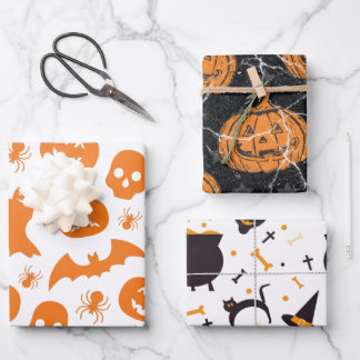 Cute Halloween Mixed Pattern Pumpkin Witch Bats Wrapping Paper Sheet
