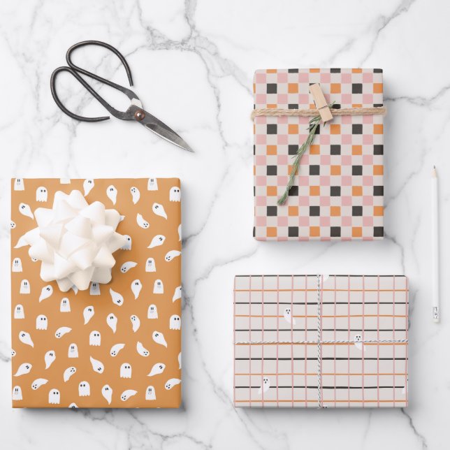 Cute Halloween Modern Pastel Ghost Gift Wrap (Front)