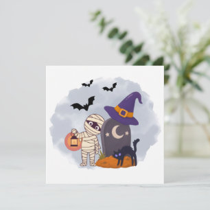 Cute Halloween Mummy and Black Cat Witch Illustrat Invitation
