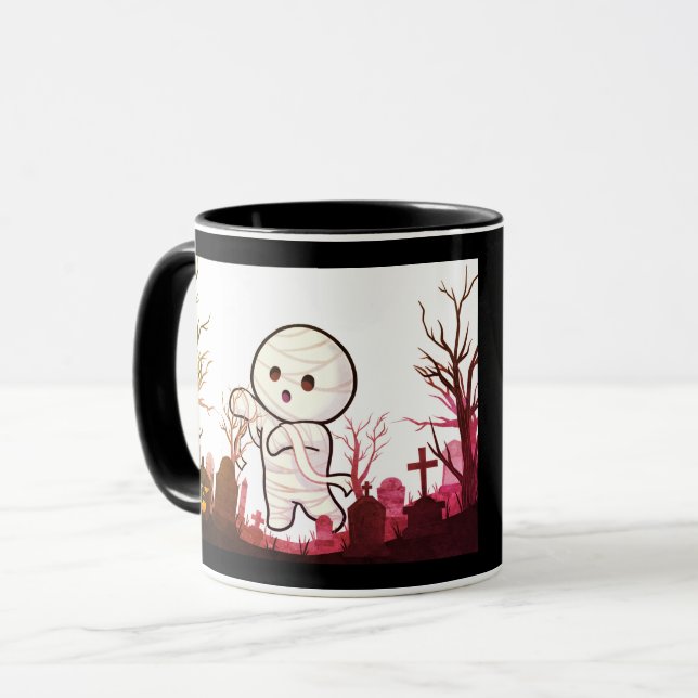 Cute Halloween Mummy in Spooky Graveyard – Funny & Mug (Front Left)