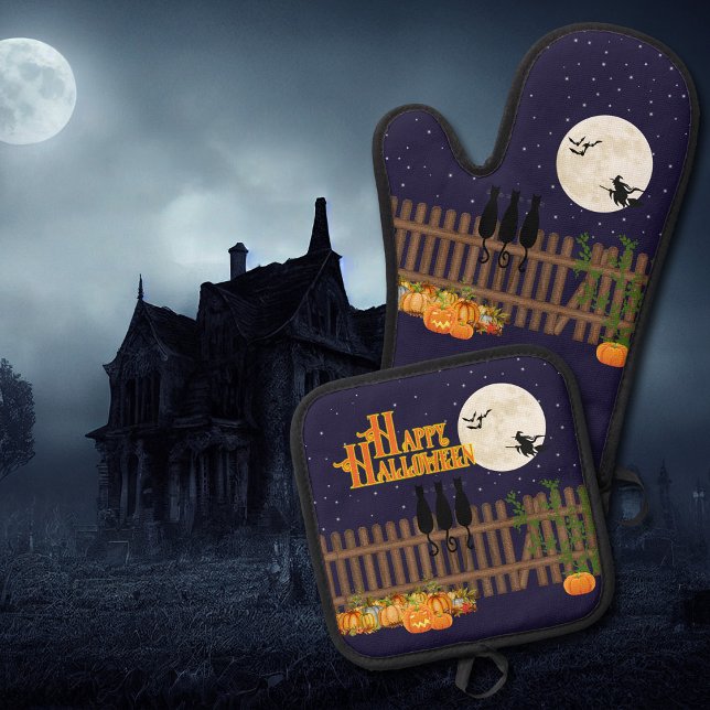 Cute Halloween Night Full Moon Scene Oven Mitt & Pot Holder Set (Dress up your kitchen for Halloween with these spooky Happy Halloween pot holder and oven mitts.)