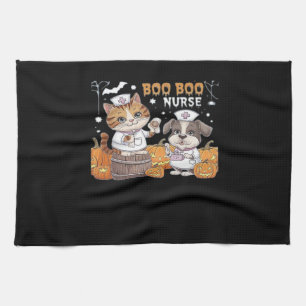 Cute Halloween Nurse Cat and Dog with Pumpkins Cla Tea Towel