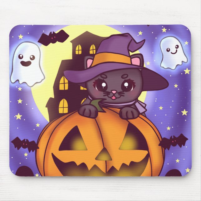 Cute Halloween October Witch Cat Mouse Pad (Front)