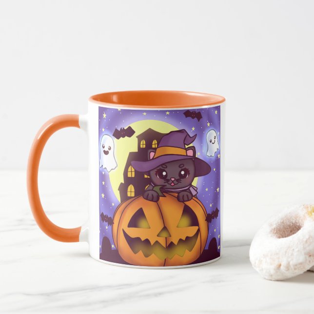 Cute Halloween October Witch Cat Mug (With Donut)