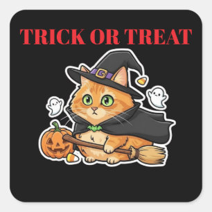 Cute Halloween Orange Witch Cat Pumpkin Square Sticker