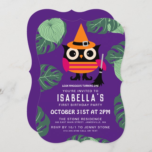 Cute Halloween Owl Botanical First Birthday Invitation (Front/Back)