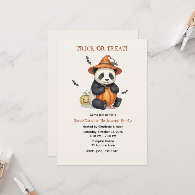 Cute Halloween Panda Pumpkin Invitation (Front/Back In Situ)