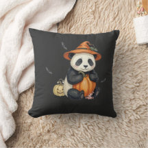 Cute Halloween Panda Pumpkin Throw Pillow