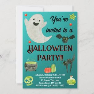 Cute Halloween Party Invitation in Teal and Green