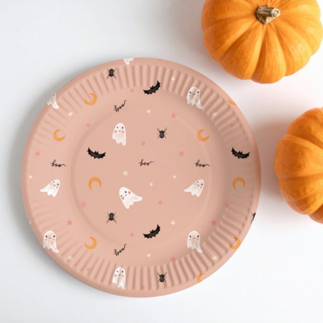 Cute Halloween Party Little Boo Orange Ghost Paper Plate (Creator Uploaded)