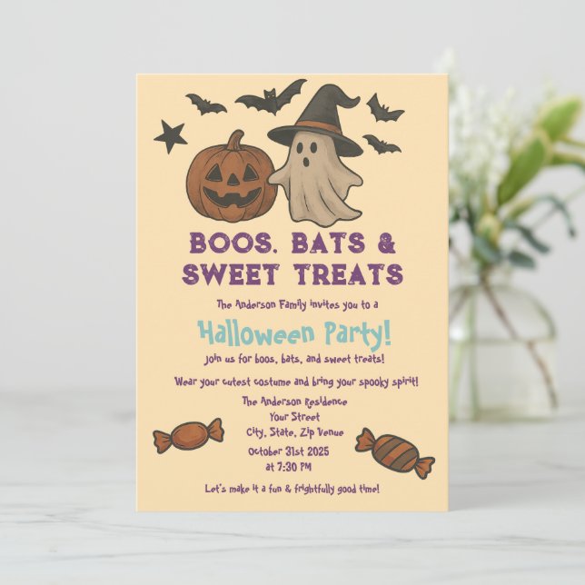 Cute Halloween – Pastel Pumpkin & Candy Party  Invitation (Standing Front)