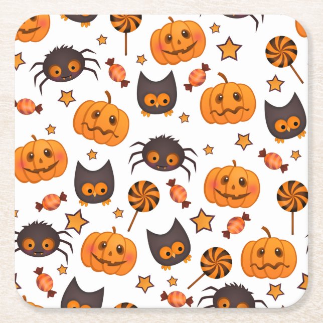 Cute Halloween Pattern Illustration Square Paper Coaster (Front)