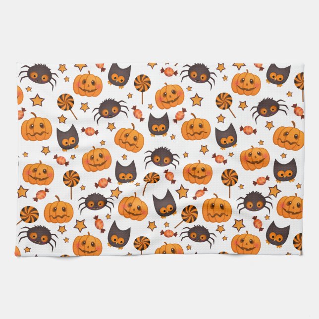Cute Halloween Pattern Illustration Tea Towel (Horizontal)