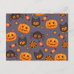 Cute Halloween Pattern Purple Background Postcard
