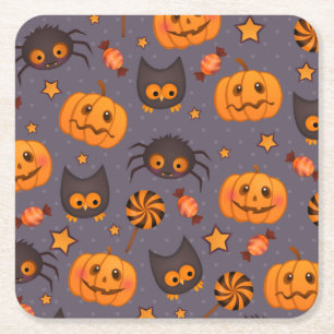 Cute Halloween Pattern Purple Background Square Paper Coaster