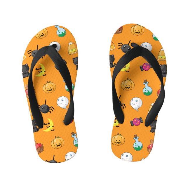Cute Halloween Pattern with orange background Kid's Jandals (Footbed)