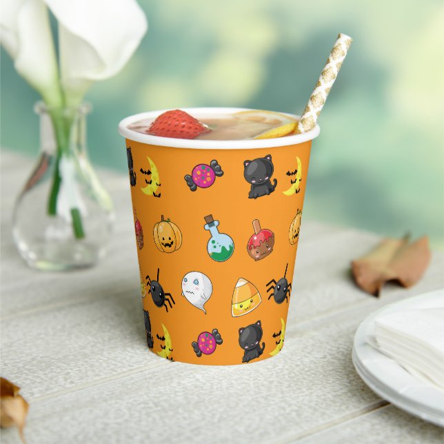 Cute Halloween Pattern with orange background Paper Cups (Insitu)
