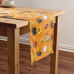 Cute Halloween Pattern with orange background Short Table Runner
