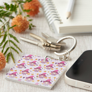 Cute Halloween Pattern with Pumpkins and witch Key Ring