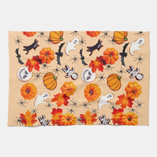 Cute Halloween Pattern with Pumpkins, Ghosts Tea Towel (Horizontal)