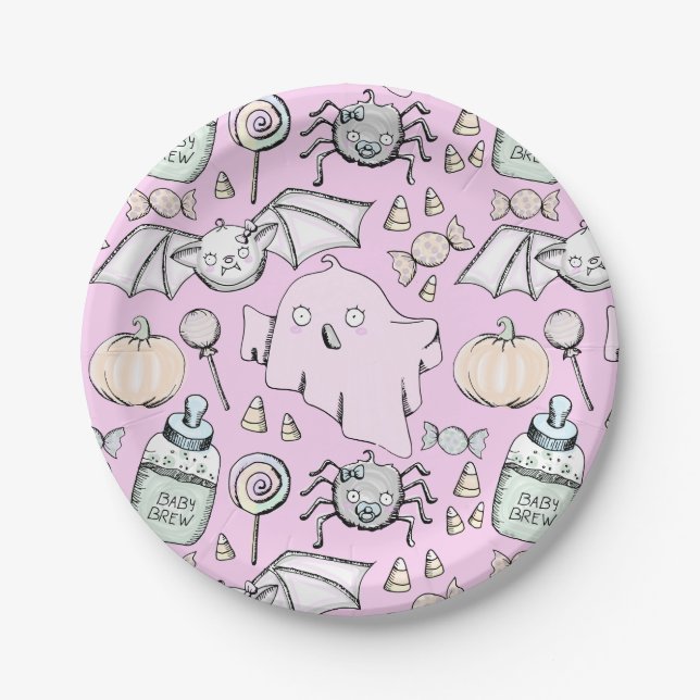 Cute Halloween Pink Kids Birthday Party Plates (Front)