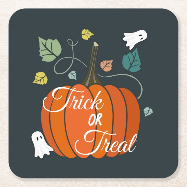 Cute Halloween Pumpkin and Ghosts Trick or Treat  Square Paper Coaster (Front)