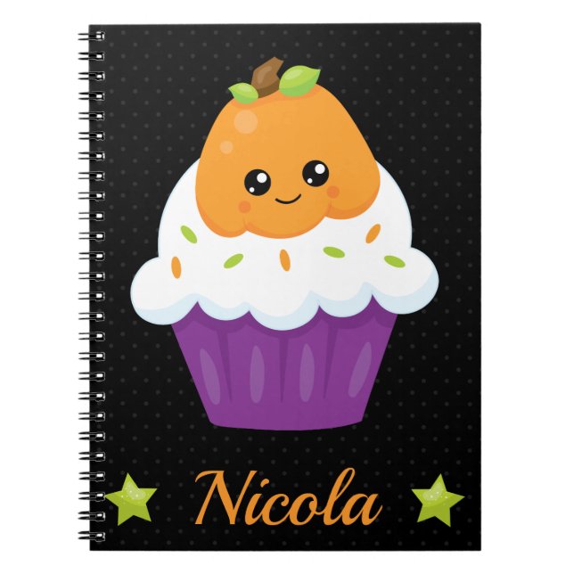 Cute Halloween Pumpkin Cupcake and Polka Dots Notebook (Front)