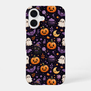 Cute Halloween Pumpkin Ghost Cat Bat Pattern Art iPhone 16 Case