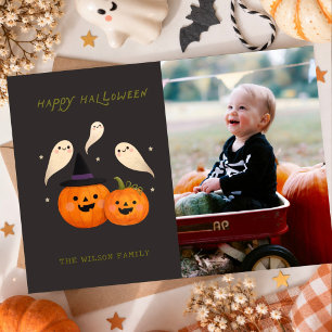 Cute Halloween Pumpkin Ghost Photo Card