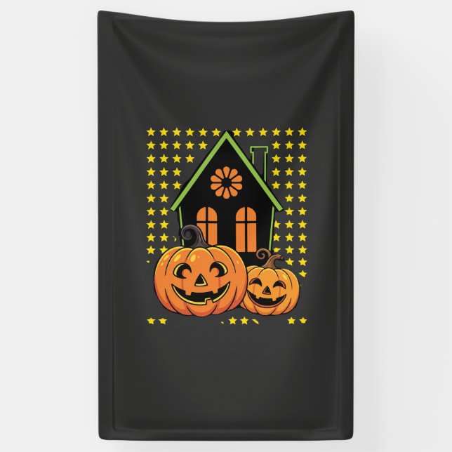 Cute Halloween Pumpkin Haunted House Star Banner (Vertical)