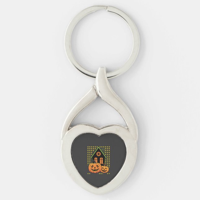 Cute Halloween Pumpkin Haunted House Star Key Ring (Front)