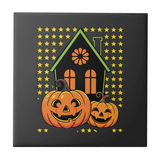 Cute Halloween Pumpkin Haunted House Star Tile (Front)