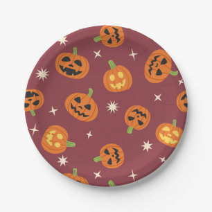 Cute Halloween Pumpkin Pattern dark red Paper Plate