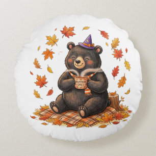 Cute Halloween Pumpkin Spice Bear Cosy Autumn T-Sh Round Cushion