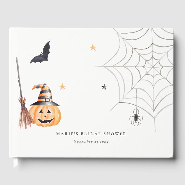 Cute Halloween Pumpkin Spider Web Bridal Shower Guest Book (Front)