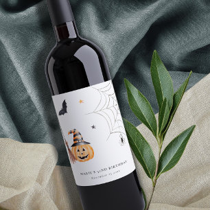 Cute Halloween Pumpkin Spiderweb Any Age Birthday Wine Label
