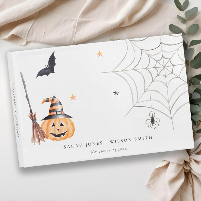 Cute Halloween Pumpkin Spiderweb Spooky Wedding Guest Book (Creator Uploaded)
