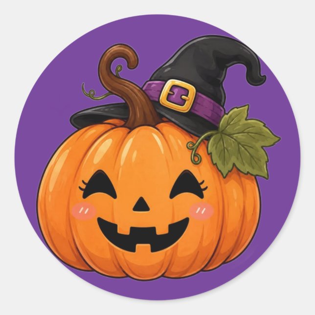 Cute Halloween Pumpkin Witch Hat Sticker (Front)