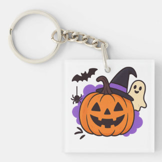 Cute Halloween Pumpkin with Witch Hat – Ghost & Ba Key Ring