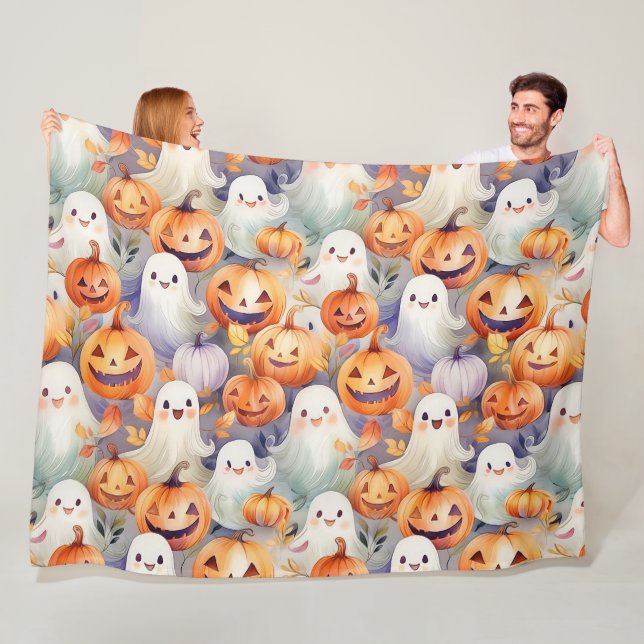 Cute halloween pumpkins and ghosts fleece blanket (In Situ)