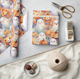 Cute halloween pumpkins and ghosts wrapping paper
