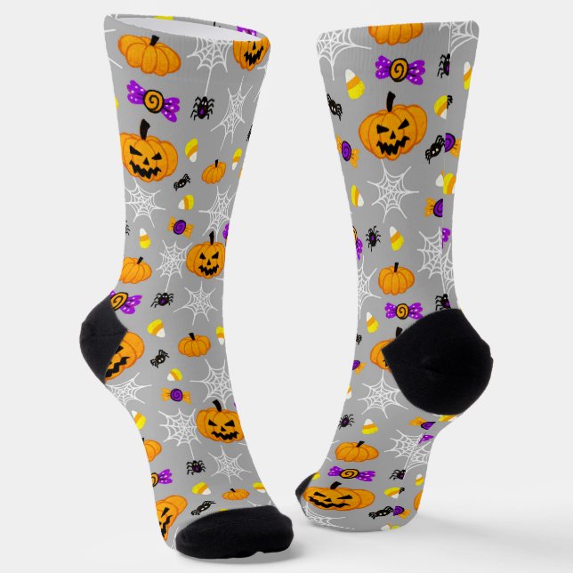 Cute Halloween Pumpkins and Spiders Pattern Grey Socks (Angled)