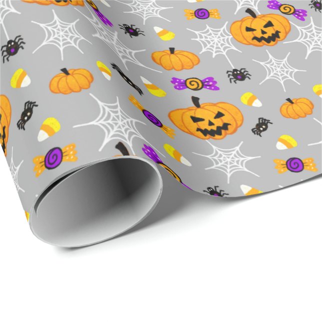 Cute Halloween Pumpkins and Spiders Pattern Wrapping Paper (Roll Corner)