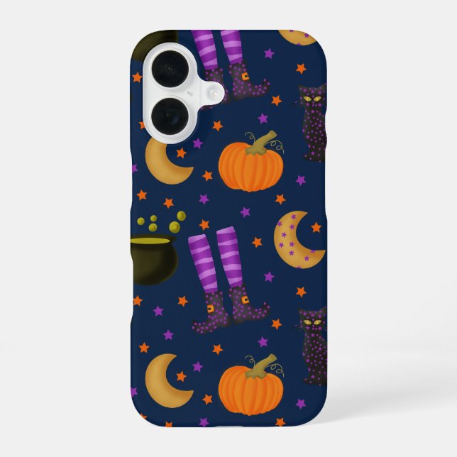 Cute Halloween Pumpkins, Cats, and Moons iPhone 16 Case (Back)