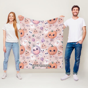 Cute Halloween Pumpkins & Ghosts on Pink Seamless Fleece Blanket