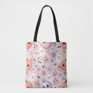 Cute Halloween Pumpkins & Ghosts on Pink Seamless Tote Bag