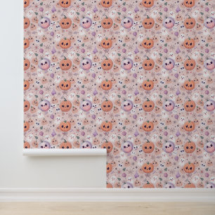 Cute Halloween Pumpkins & Ghosts on Pink Seamless Wallpaper